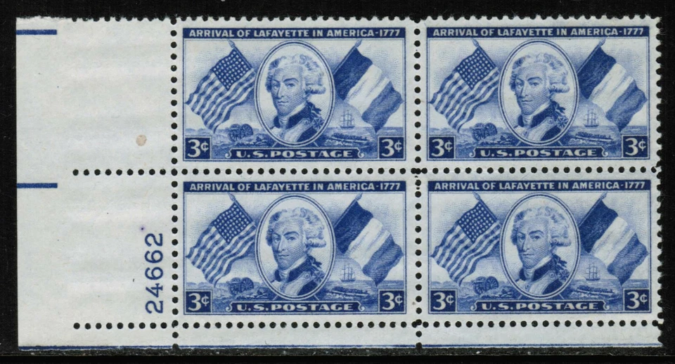 US USA Sc# 1010 MNH FVF PLATE # BLOCK Marquis de Lafayette Flags Ship Cannon - Image 1 of 1