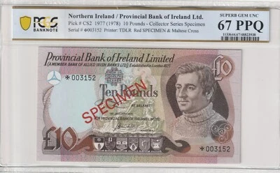 Northern Ireland 1977  10 Pounds Specimen PCGS Banknote Certified UNC 67 PPQ CS2 - Image 1 of 2
