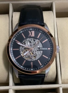 Fossil Automatic Rose Gold & Silver With Black Leather Band 45mm #BQ2383 - Picture 1 of 9