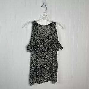 Lucky Brand Top Small Black Beige Print Cold Shoulder Boho Peasant Casual - Picture 1 of 4