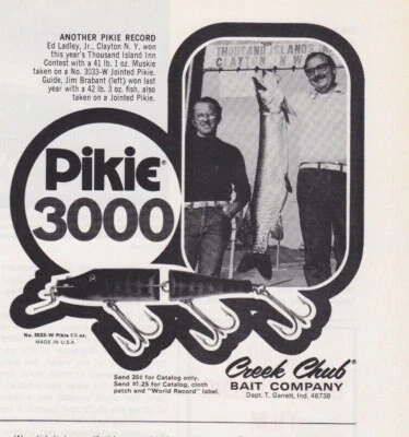 Señuelo de pesca Creek Chub 1975 anuncio impreso vintage lucio 300 plantilla gusano hombre cueva  Foto 1 de 4