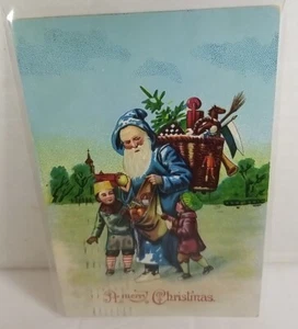 WEIHNACHTSMANN BLAUER ANZUG HÄLT TASCHE GESCHENKE UND KINDER GEPRÄGTE POSTKARTE 1910 - Bild 1 von 3