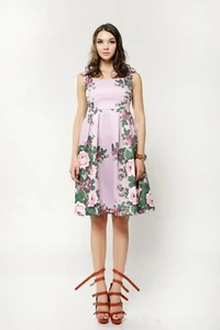 Damen Blumen Rose Satin Sommer Urlaub Midi Skater Kleid mit hoher Taille in Rosa - Bild 1 von 10