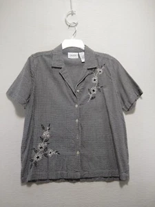 Erika ~ Button Front Top Womens Sm Gingham Checks Black White Embroidered Floral - Picture 1 of 9