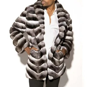 Men Fashion Bomber Jacket Real Rex Rabbit Fur Coat Winter Chinchilla Colored - Picture 1 of 5