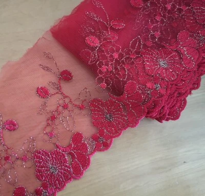 7 Yards 5" Wide Red Mesh Tulle Lace / Embroidered Red/Gold Thread Flower xh057 - Image 1 of 2