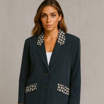 Blazer Michael Mims Kathy Cole 100% Seda Vintage L Botón Estampado Cuello Mod Retro Foto 1 de 4