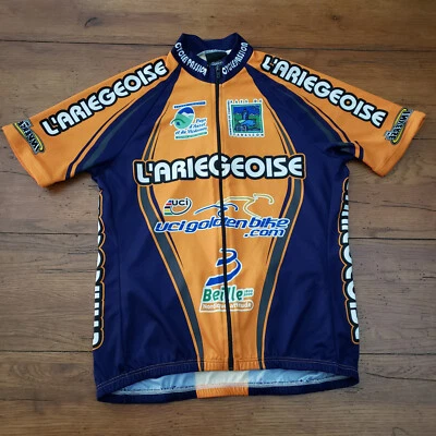 Camiseta deportiva de ciclismo L'ariegeoise para hombre mediana SS bolsillos para bicicleta de carretera azul naranja inversa Foto 1 de 4
