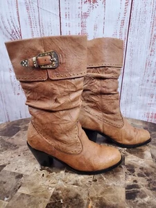 Vintage Dingo Boots Womens 7.5M Brown Leather Pull On Slouch Buckle DI 591 - Picture 1 of 13