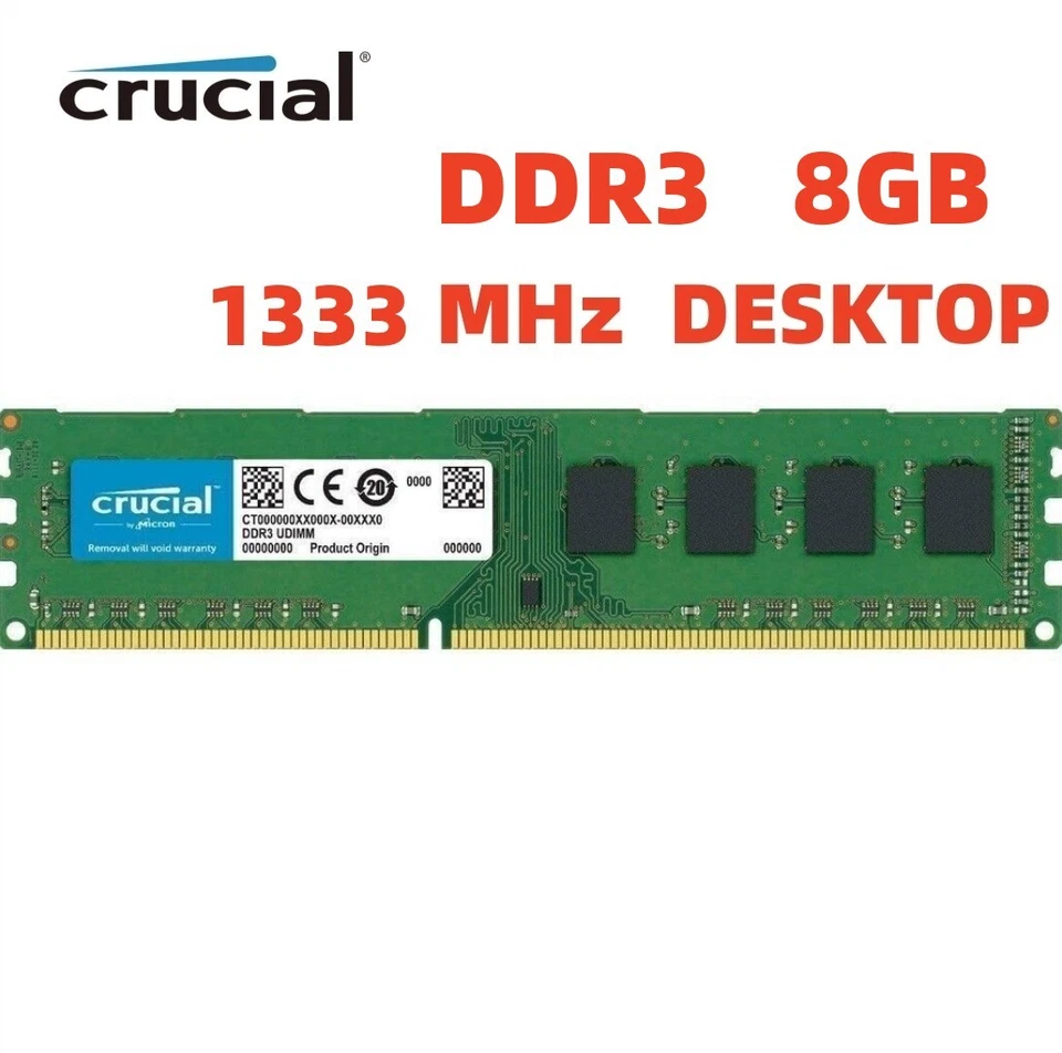 CRUCIAL DDR3 8GB 1333 MHz PC3-10600 Desktop 240-Pin DIMM Non ECC Memory RAM 1x8G - Image 1 of 4