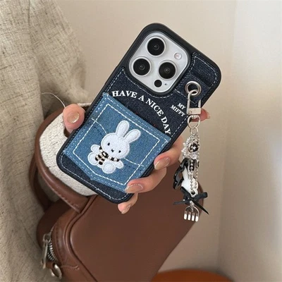 Linda Funda para Tarjeta Denim Bordada Conejito Blanco Para iPhone 17 Pro Max 16 15 14 Foto 1 de 4