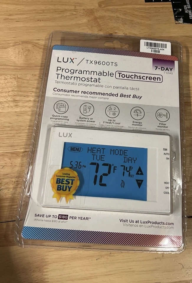 Lux TX9600TS Touchscreen 7-Day Programmable Thermostat - White 2Heat/1Cool - Image 1 of 1