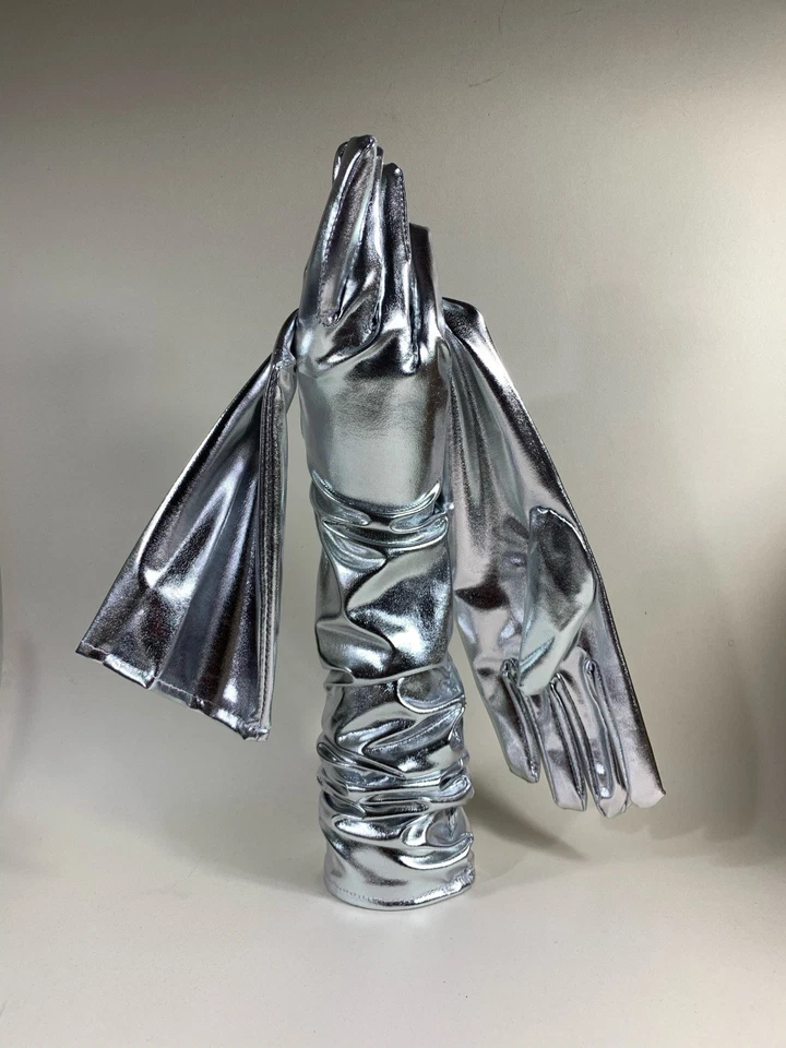 "Guantes plateados de PVC de tela elástica de noche de lujo hasta el codo de 21"" talla única" Foto 1 de 4