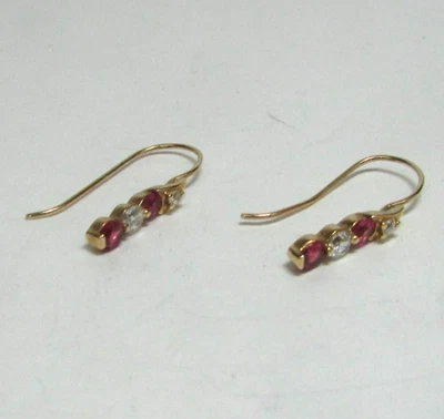 10K YELLOW GOLD ROUND LAB CREATED RUBY & DIAMOND FISH HOOK EARRINGS - Image 1 of 4