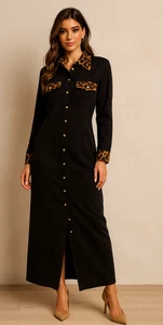 Vintage Jessica Howard Sz 12 Maxi Dress Button Front Leopard  Velvet Trim USA - Picture 1 of 13