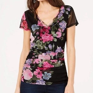 INC Floral Print Mesh Ruched V-Neck Short Sleeve Top Blouse Black Size M/L - Picture 1 of 9
