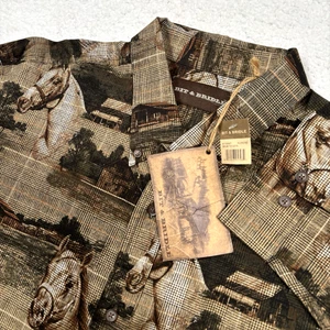 Bit & Bridle Western Shirt Mens 2XL TALL Tan Horses Pocket Cowboy Rodeo Button - Picture 1 of 14