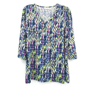 Susan Graver Top Punto Líquido Cuello en V Talla 1X Azul Verde Mangas 3/4 - Imagen 1 de 7