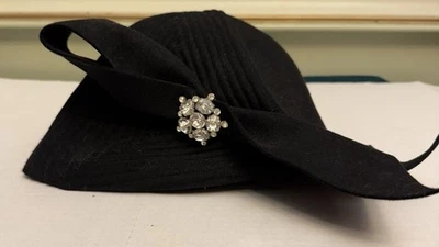 VTG Black Wool Hat Church Derby Rhinestone Ribbon The French Room - Image 1 of 4