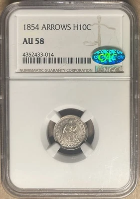 1854 NGC & CAC AU58 Liberty Seated Half Dime H10c - Arrows - Image 1 of 2