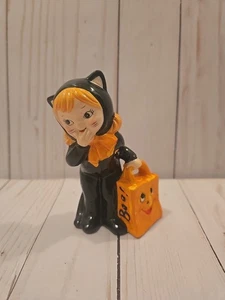 Vintage Lefton Halloween Girl in Black Cat Costume with Trick or Treat Bag - Picture 1 of 4