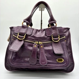 Bolso de Mano de Cuero Chloe Bay Púrpura Frontal Cremallera Bolsillo Logo Placa Usado De Colección - Imagen 1 de 18