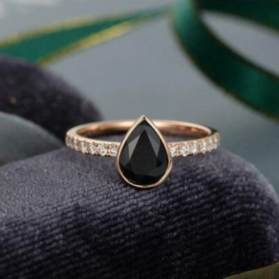 14K Rose Gold Finish 2.20 CT Pear Cut Black Moissanite Solitaire Wedding Ring — 第 1/4 张图片