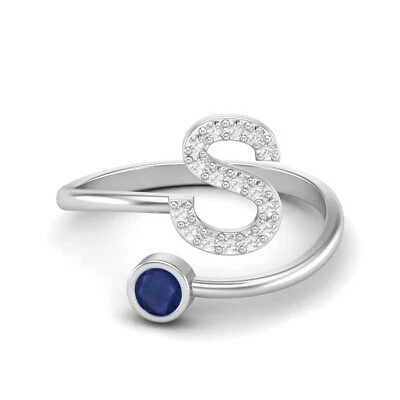 Anello S Iniziale Zaffiro Blu Regolabile Frontale Aperto Argento Sterling 925 - Immagine 1 di 4