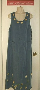 VINTAGE AGAPO Jumper Dress Blue Denim Embroidered Flowers Pockets Sz M * VG++ - Picture 1 of 8