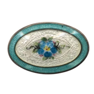 Vintage - Sterling 925 Guilloche Enamel Oval Brooch Blue/Yellow Pansy Flower Pin - Picture 1 of 9