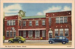 CHESTER, Illinois Postcard THE ROYAL HOTEL Street View / Curteich Linen c1946