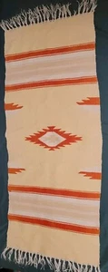 Vintage Mexico Native American Blanket Rug 41x18" Orange Symbol Tan Hand Woven - Picture 1 of 12