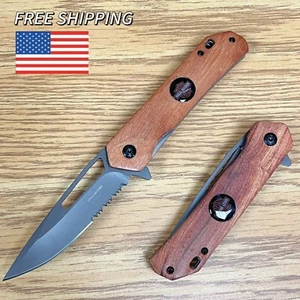 8" Harley Davidson 2024 Wood Handle Spring Assisted Folding Pocket Knife Gift - Picture 1 of 5
