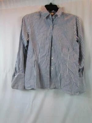 Blusa deportiva Geoffrey Beene azul blanco a rayas talla 6 manga larga botón delantero Foto 1 de 3