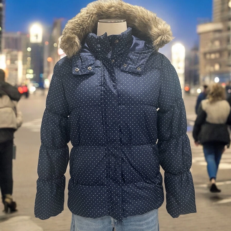 GapKids Polka Dot Puffer Jacket Faux Fur Hood Navy Blue Size XXL Gorpcore Winter - Image 1 of 4