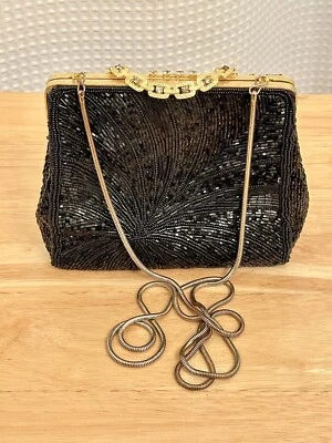 Vintage Walborg Black Beaded Evening Bag Clutch Purse Chain Strap Made in Macau - Image 1 of 4