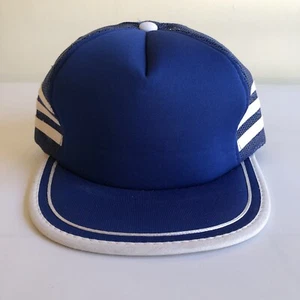 Vintage NEW OLD STOCK W Tags SnapBack Trucker Hat Blue White 3-Stripe Adidas KO - Picture 1 of 8