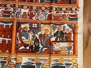 VTG Mid Century Burlap Fabric "Wedding at Cana," Patterson Fabrics Hand Printed - Picture 1 of 13