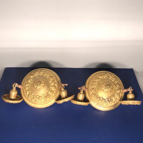 Pair of matching antique yellow brass semi-flush mount two bulb fixtures 58B Cover