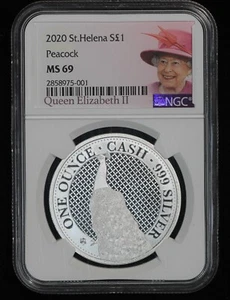2020 St. Helena Silver 1 Pnd. - Peacock - NGC MS-69 TQ2088/JAH - Picture 1 of 3
