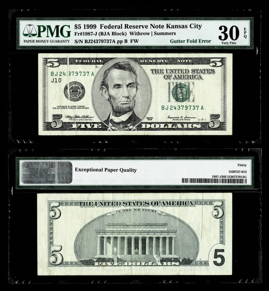 Fr. 1987-J $5 1999 Federal Reserve Note. PMG Very Fine 30 EPQ. - Image 1 of 1