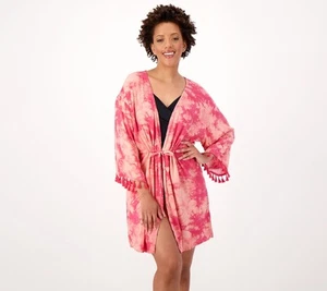 Denim & Co. Strand bedruckt Tie Front Kaftan Cover Up warm RoseTieDye S neu - Bild 1 von 1