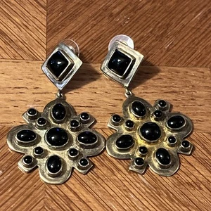 Beautiful Etruscan Revival Art Deco Brass & Black Onyx Dangle Pendant Earrings - Picture 1 of 8
