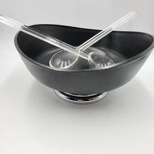 Vtg MCM Lacquerware Black Salad Bowl Plastic Silver Pedestal Base Spoon Fork - Picture 1 of 8