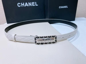 chanel leather belt white size 90cm silver logo design engraved with box used - Picture 1 of 6