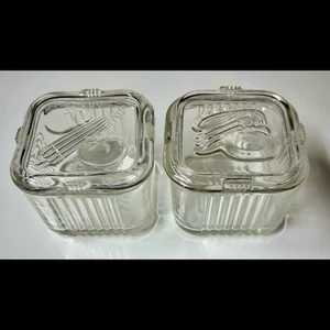 Set Of 2 Vintage Federal Glass- 4” Rib Glass Refrigerator Dish Boxes - Bild 1 von 5