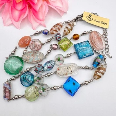 Premier Designs “Venetian” Foil Art Glass Long Colorful Multicolor Necklace Fun  - Image 1 of 4