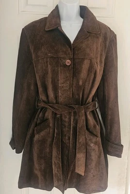 Principles Vintage genuine suede button down brown belted trench coat size 12 - Image 1 of 4