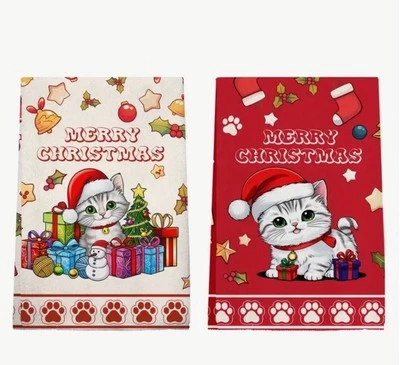 Kitty Cat Santa Merry Christmas Ultra Absorbing Cottage Tea Kitchen Dish Towels - Image 1 of 4