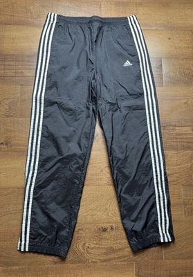 Calça listrada vintage anos 90 Adidas masculina preta sem forro corta-vento tamanho grande - Imagem 1 de 4
